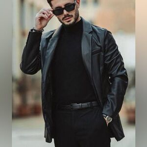 Vintage Leather Jacket Black Luxury Dress Blazer Overcast Mens 44 Size Large